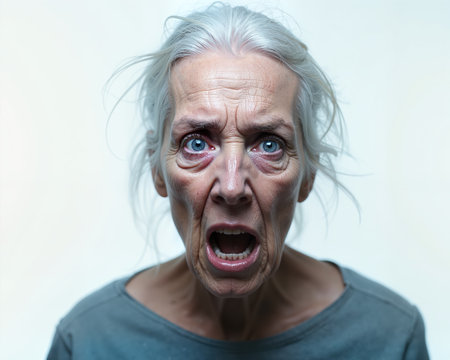 Elderly woman with white hair, blue eyes, and wrinkled skin, displaying a shocked expression with an open mouth and intense stare.の素材