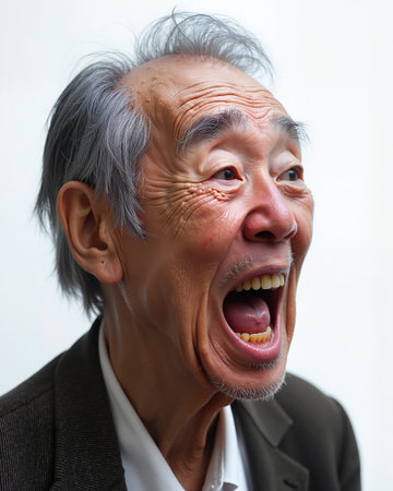 Elderly man with gray hair, open mouth, and shocked facial expression, conveying astonishment and strong emotions.の素材