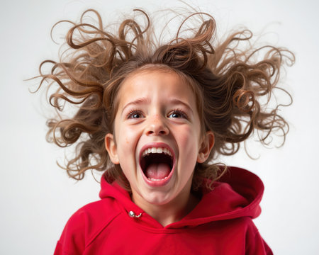 A young girl with curly brown hair and a red hoodie is screaming with an open mouth and wide eyes, conveying a strong emotion of frustration or excitement.の素材