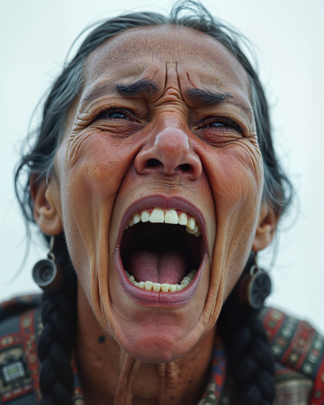 Older woman with wrinkled face, open mouth, and intense blue eyes, conveying a strong emotion or reaction.の素材