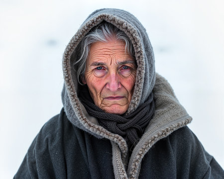 Elderly woman with gray hair, wearing hooded coat, scarf, and serious expression, conveying a sense of resilience and determination in a cold winter setting.の素材