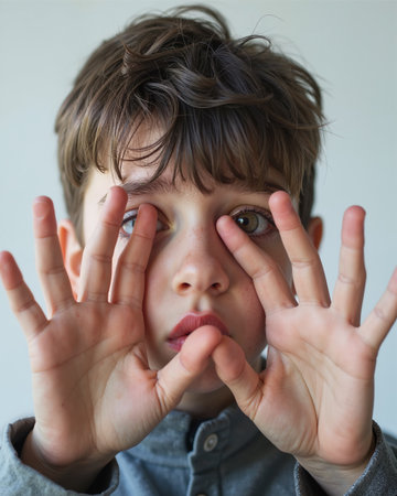 A young boy with brown hair and a gray shirt has a shocked expression, his eyes wide and fingers spread apart near his face.の素材