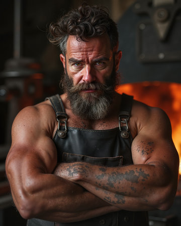 A rugged, muscular man with a thick beard and leather apron stands confidently with his arms crossed, exuding a sense of strength and determination.の素材