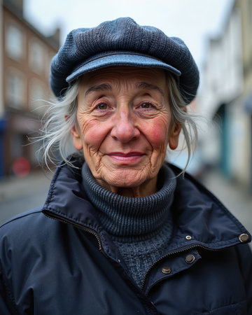 Elderly woman with gray hair and hat, smiling with wrinkles, wearing a jacket and turtleneck sweater, exuding a warm and gentle expression.の素材
