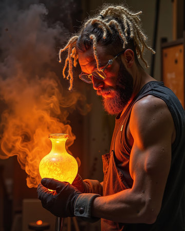 Man with dreadlocks and glasses intensely examines a glowing vase, his face lit by the warm orange glow, exuding focus and craftsmanship.の素材