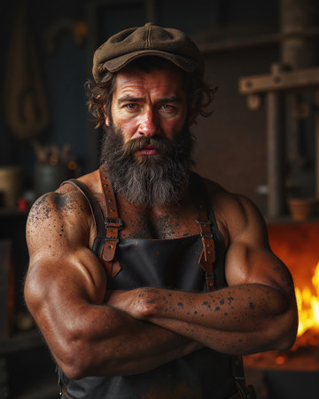 A rugged, muscular man with a thick beard and leather apron stands confidently with arms crossed, surrounded by a fiery forge.の素材