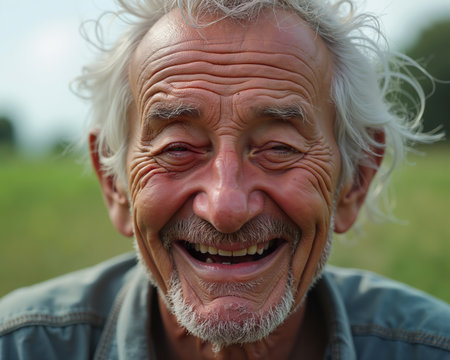 Elderly man with white hair and beard, smiling warmly with closed eyes, showing wrinkles and joyful expression, wearing a denim jacket.の素材