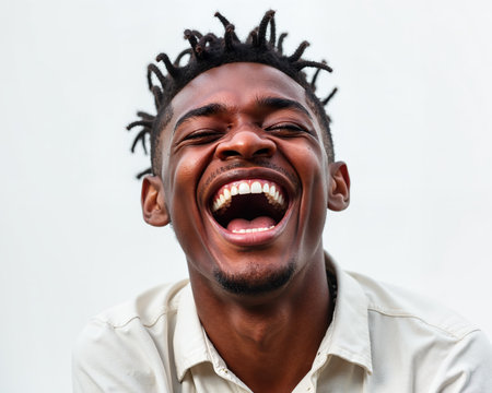 Man with dark skin and dreadlocks laughing loudly, eyes closed, showing white teeth and having a joyful expression.の素材