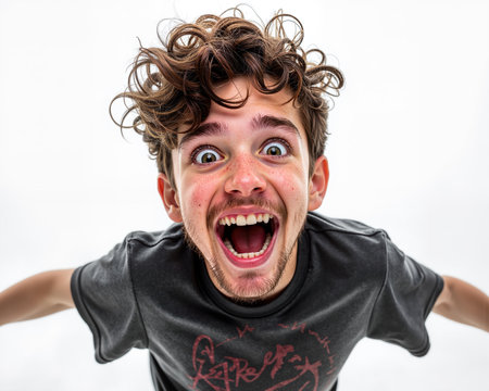 Man with curly brown hair, wearing black t-shirt, has shocked expression, open mouth, and wide eyes, conveying intense emotion and surprise.の素材