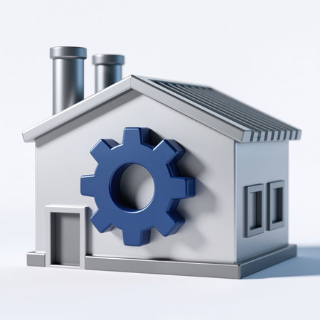 A minimalist gray house model with a prominent blue gear on its front, symbolizing maintenance or mechanical aspects, against a clean white background.の素材