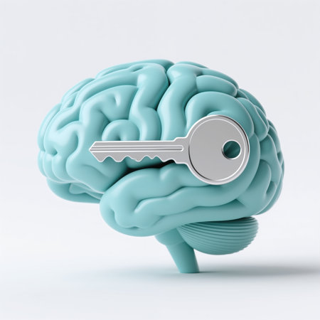 A teal brain model with a silver key inserted, symbolizing unlocking mental potential, in a minimalist style on a white background, conveying intelligence and insight.の素材
