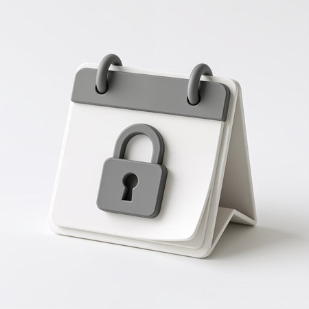 A minimalist illustration of a calendar with a gray padlock on a white page, symbolizing security, protection, and confidentiality, with a clean and simple style.の素材