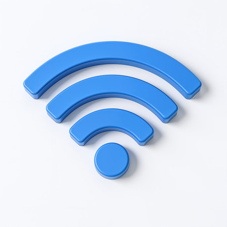 A stylized blue wifi symbol on a plain white background, conveying wireless connectivity and internet access with a simple, modern design and subtle shadow.の素材