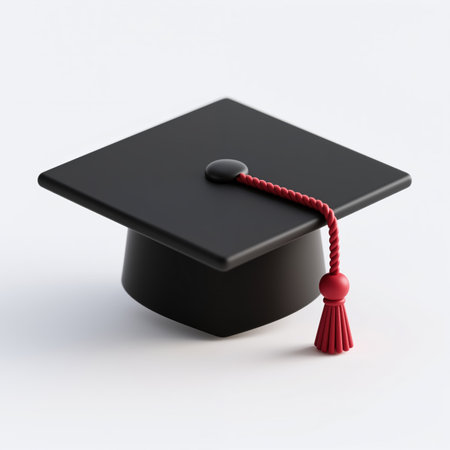 A minimalist illustration of a graduation cap with a red tassel symbolizing academic achievement and completion of a degree program in a simple style.の素材