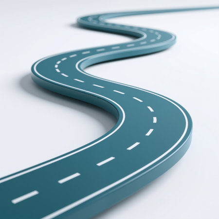 A winding teal road with white dashed lines and solid edge lines on a white background, symbolizing journey, path, and progression.の素材