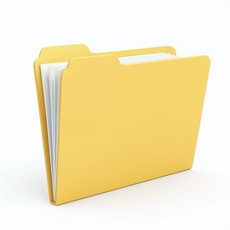 A bright yellow folder with documents inside, symbolizing organization and storage, on a clean white background, representing simplicity and clarity.の素材