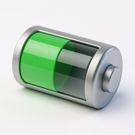 A battery with a partially filled green charge level indicator, symbolizing energy storage, against a plain white background, representing power and rechargeability.の素材