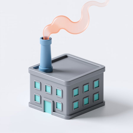 A minimalist illustration of a gray building with glowing windows and a blue smokestack, symbolizing industrial activity and potential environmental impact.の素材
