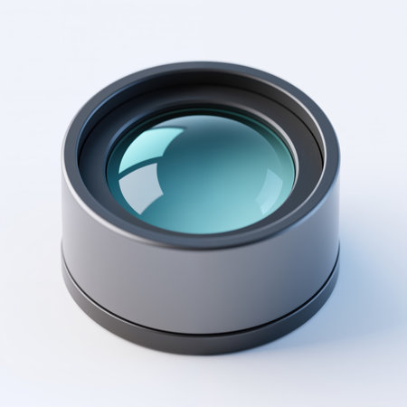 A sleek, modern camera lens with a blue-tinted glass and a sturdy black rim, set against a pristine white background, exuding a sense of professionalism and high-quality optics.の素材