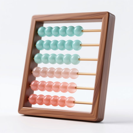 A minimalist wooden abacus with pastel pink and blue beads on gold rods, symbolizing traditional calculation and mental math skills, set against a clean white background.の素材