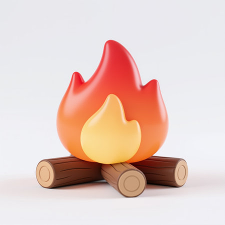 Illustration of a campfire with orange and red flames on wooden logs, symbolizing warmth, comfort, and outdoor adventure, in a simple cartoon style.の素材