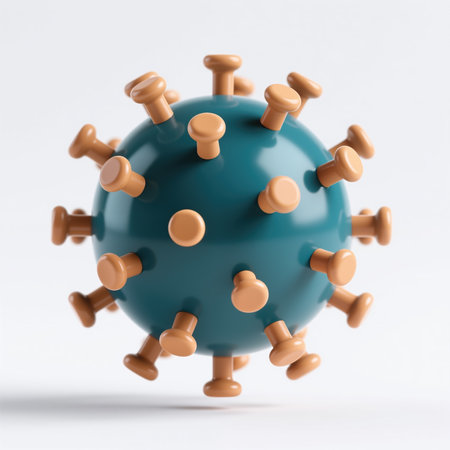 Teal-colored virus cell with numerous tan-colored spikes protruding from its surface, set against a white background, symbolizing the COVID-19 virus and its distinctive structure.の素材