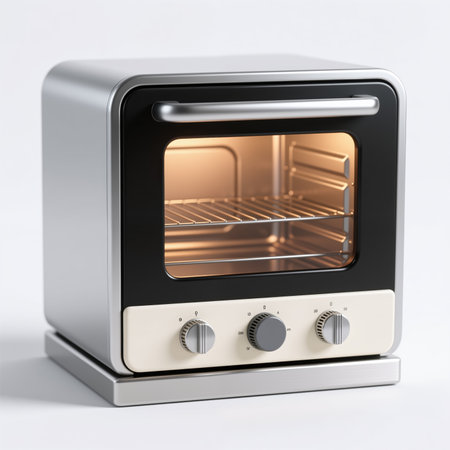 A sleek, silver oven with a black glass door and three control knobs, symbolizing modern cooking technology and precision, on a white background.の素材