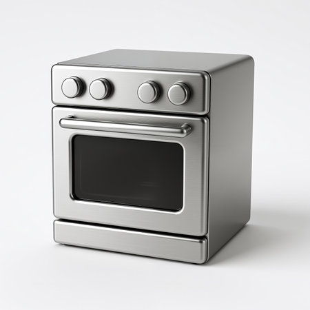 Realistic illustration of a sleek, modern silver oven with a brushed metal finish, four knobs, and a large black window, symbolizing cooking and warmth.の素材