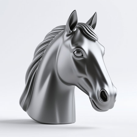 The sculpture features a horses head with a shiny silver finish, detailed muscles, and a smooth mane, set against a plain white background with subtle shadowing.の素材