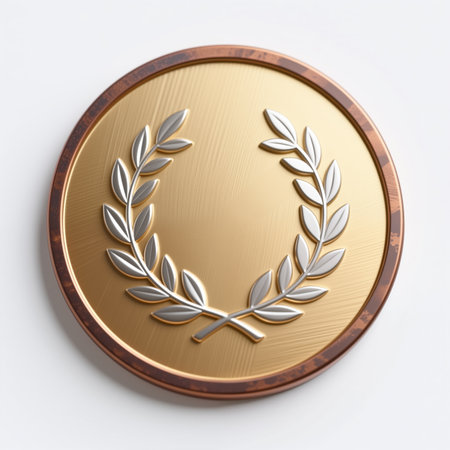 A realistic gold medal featuring a silver laurel wreath, symbolizing achievement, honor, and victory in a classic and elegant design.の素材