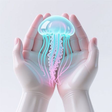 A jellyfish with a translucent, glowing blue and pink body, cradled in the cupped hands of a person, set against a soft pink background, symbolizing care and protection.の素材