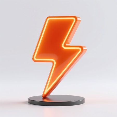 Glowing orange lightning bolt on black base, symbolizing energy and power, with a minimalist white background and soft shadows.の素材