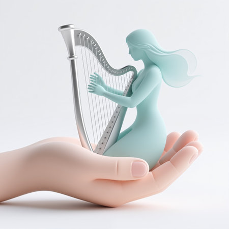 A delicate, pale blue woman plays a silver harp, cradled in a hand, symbolizing creativity and care, with soft, flowing lines and pastel colors.の素材