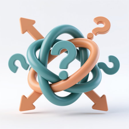 A stylized illustration featuring intertwined question marks and arrows, symbolizing complexity and inquiry, set against a clean white background.の素材