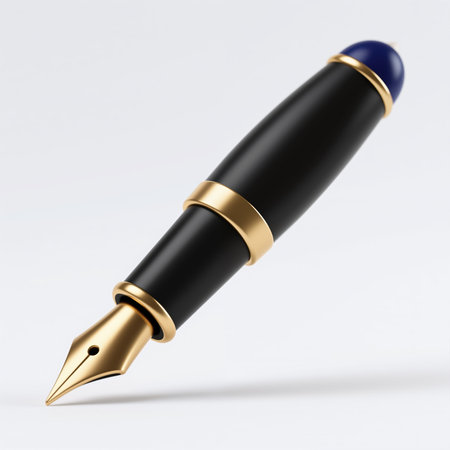 A sleek black fountain pen with gold accents and a blue cap, symbolizing elegance and sophistication, is set against a crisp white background, conveying refinement and luxury writing.の素材