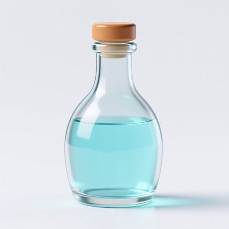 Realistic illustration of a glass bottle with a beige cap and light blue liquid, symbolizing purity and simplicity, against a plain white background.の素材