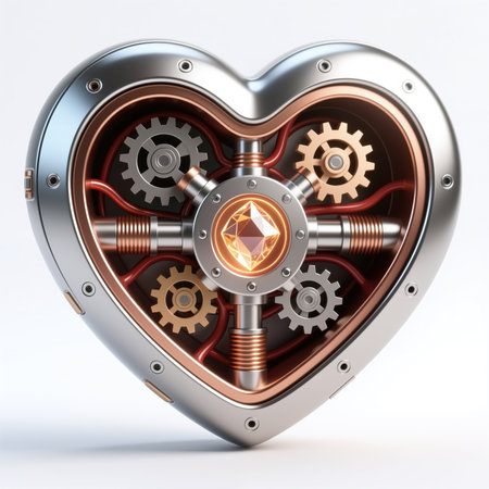 A steampunk-style heart with metallic exterior, glowing gem, and interlocking gears, symbolizing love, innovation, and harmony between technology and emotions, in a futuristic design.の素材