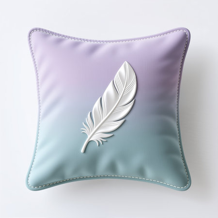 A square pillow with a gradient background transitioning from purple to blue, adorned with a white feather symbol, representing lightness and elegance in a minimalist style.の素材