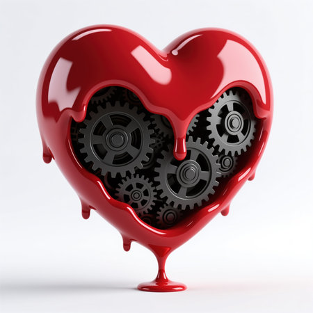 A glossy red heart melts, revealing black gears inside, symbolizing the mechanical aspect of love, set against a plain white background.の素材