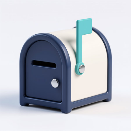 A stylized, modern mailbox with a navy blue body, white side, and teal flag, symbolizing communication and letter sending, set against a clean white background.の素材