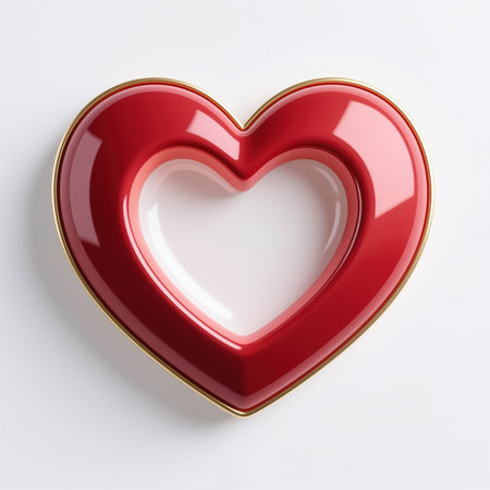 A glossy red heart-shaped dish with a gold border, symbolizing love and luxury, set against a clean white background.の素材