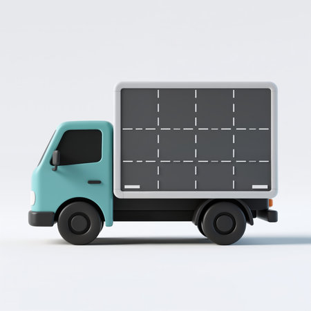 A teal truck with a black base, wheels, and a large gray box on the back, featuring white dashed lines, set against a plain white background.の素材