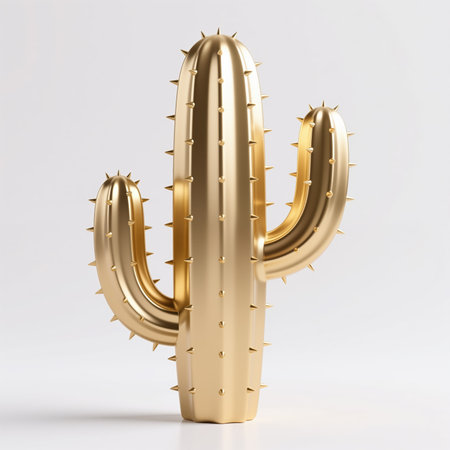 Golden cactus sculpture with sharp spikes on white background, symbolizing resilience and protection, created in a modern, minimalist style with metallic finish, representing strength and beauty.の素材