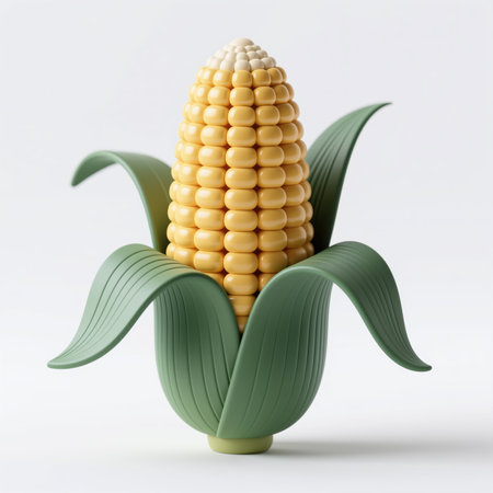 A stylized toy corn on the cob with vibrant yellow kernels and green leaves, set against a clean white background, symbolizing harvest and abundance.の素材