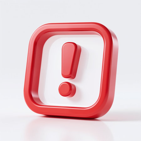 A 3d red exclamation mark symbol in a square box with rounded corners on a white background, conveying warning or importance.の素材