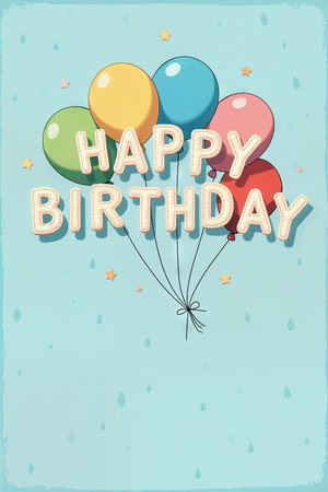 A festive Happy Birthday card with a light blue background decorated with small stars and colorful balloons.の素材