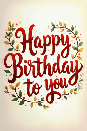 A birthday greeting card with a red, cursive Happy Birthday to you message, surrounded by a festive floral design with leaves and berries.の素材