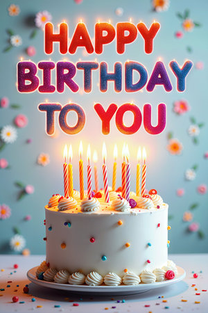 A colorful birthday celebration image featuring a birthday cake with sprinkles and lit candles on a plate, surrounded by confetti and flowers with the text Happy Birthday to You.の素材