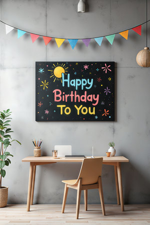 Decorated workspace with a Happy Birthday To You sign, colorful bunting, and a minimalist desk setup.の素材