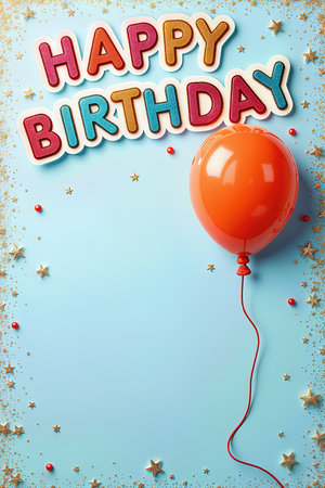 A festive birthday card featuring a red balloon and Happy Birthday text with colorful confetti and gold stars.の素材